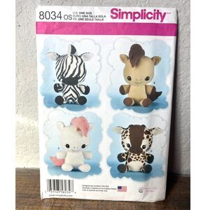 Simplicity Stuffed Animal Sewing Pattern 8034 OS Giraffe Zebra Unicorn Horse NIB